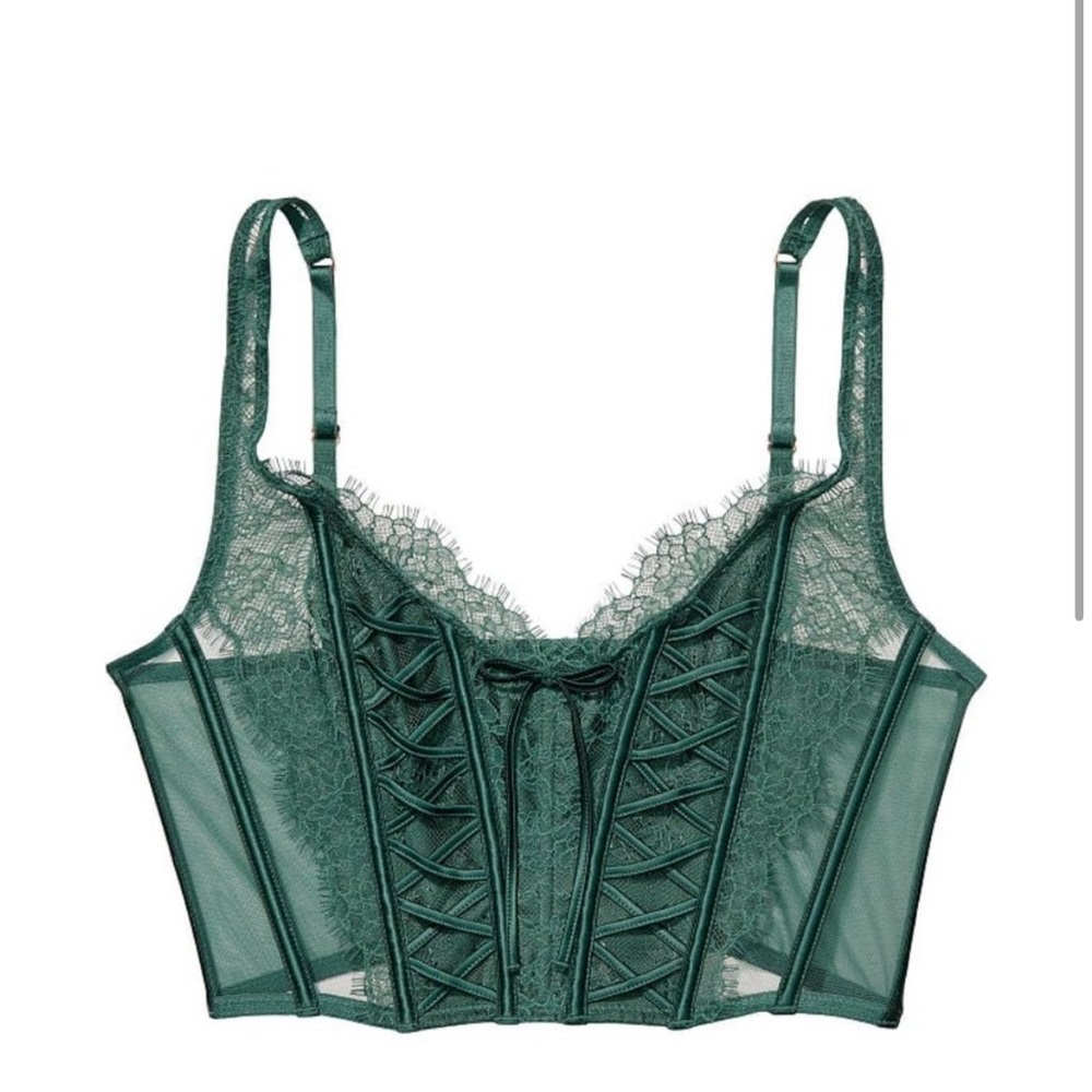 Victoria’s Secret M-DD unlined lace-up corset top Dream Angel Green